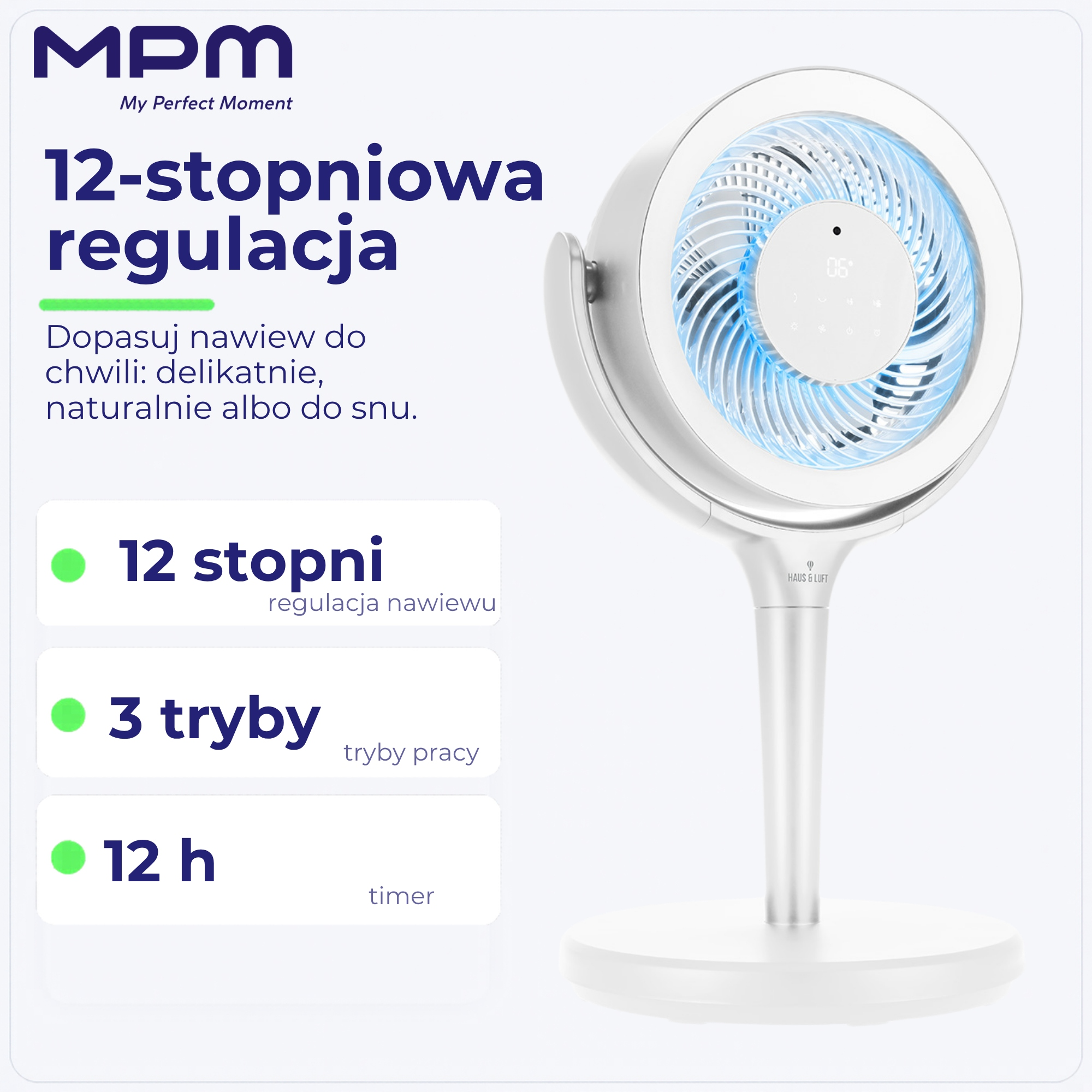 Zdjęcie promocyjne nowoczesnego białego wentylatora stołowego z niebieskim oświetleniem LED i tekstami.