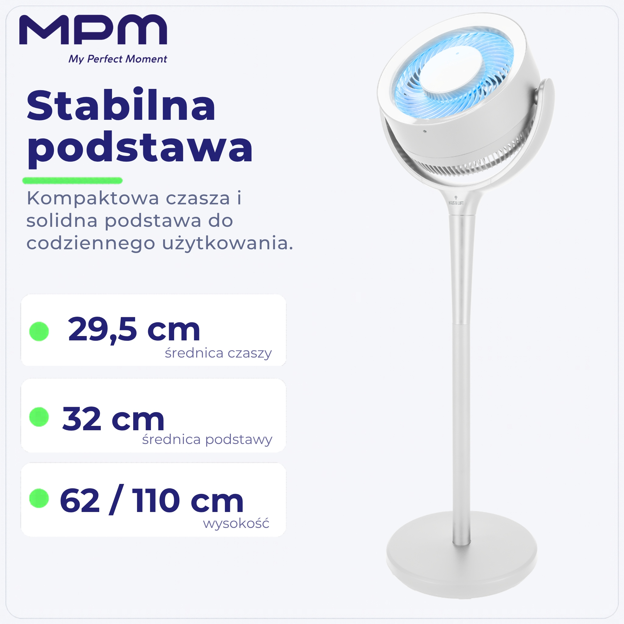 Biały wiatrak stojący z niebieskim pierścieniem świetlnym i wymiarami w cm na białym tle.