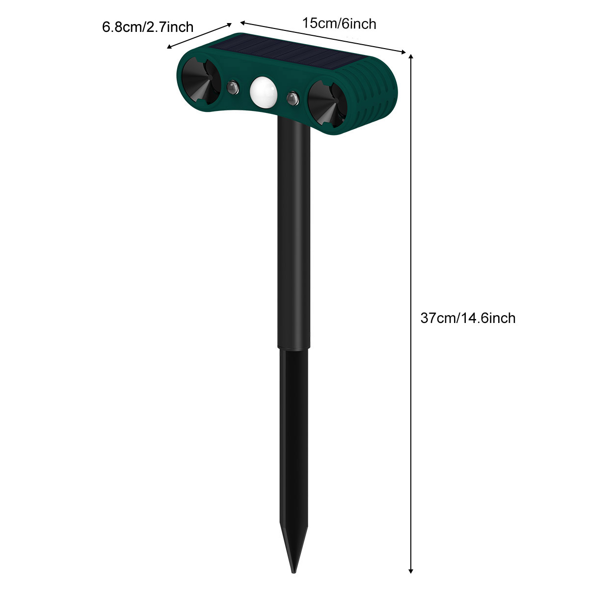 Grüner Solar-Gartenpfahl mit Maßen von 15cm Breite und 37cm Höhe.