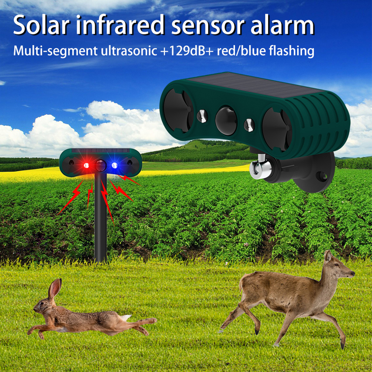 Solarer Infrarot-Sensor-Alarm mit blinkenden Lichtern schützt Felder vor Tieren wie Hasen und Rehen.