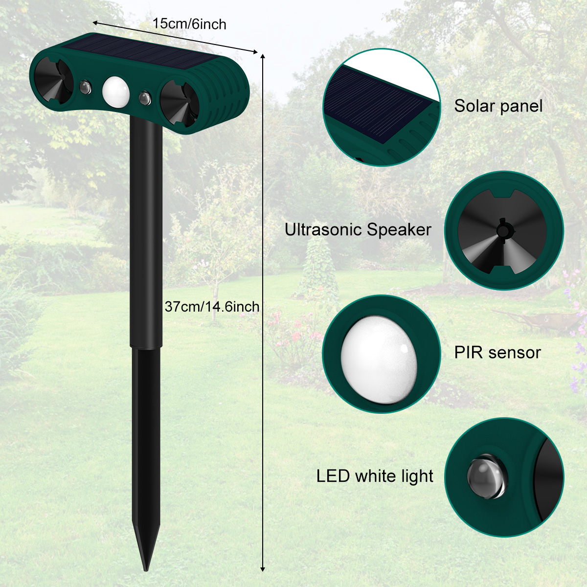 Solar-Gartenvertreiber mit Maßen, Solarpanel, Lautsprecher, PIR-Sensor und LED-Licht auf Gartenhintergrund.