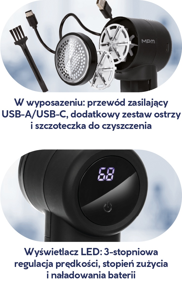 Golarka do tkanin z kablem USB, zapasowymi ostrzami, szczoteczką i wyświetlaczem LED poziomu baterii.