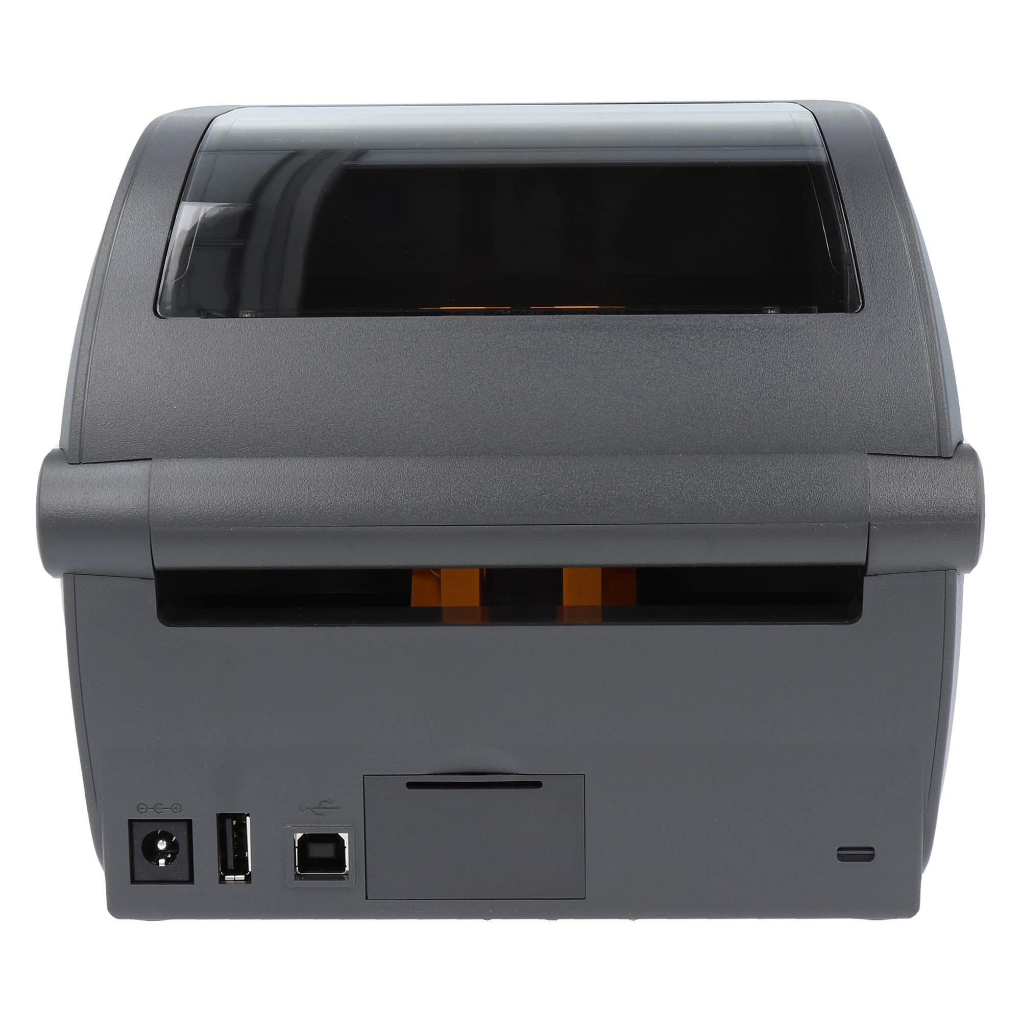 Vue arrière d'une imprimante de codes-barres grise avec des ports d'alimentation et USB.