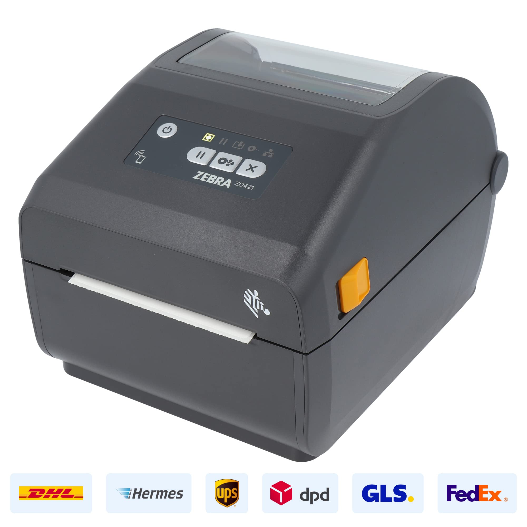 Une imprimante d'étiquettes Zebra ZD421 grise sur fond blanc avec des logos d'entreprise.