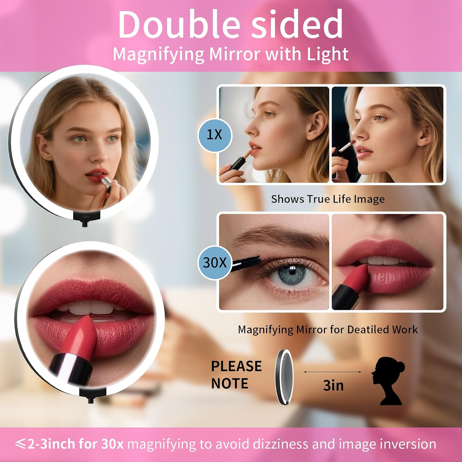 Doppelter beleuchteter Vergrößerungsspiegel mit 1x und 30x Vergrößerung für Make-up.