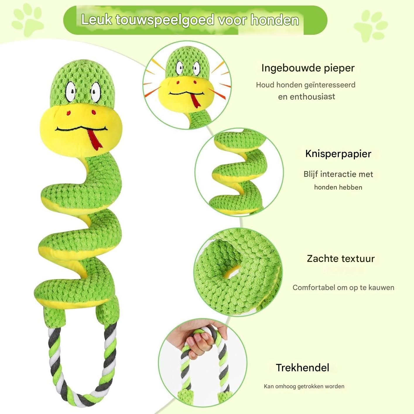 Grünes Schlangen-Plüschhundespielzeug mit Quietscher, Knisterpapier, weicher Textur und Seilgriff.