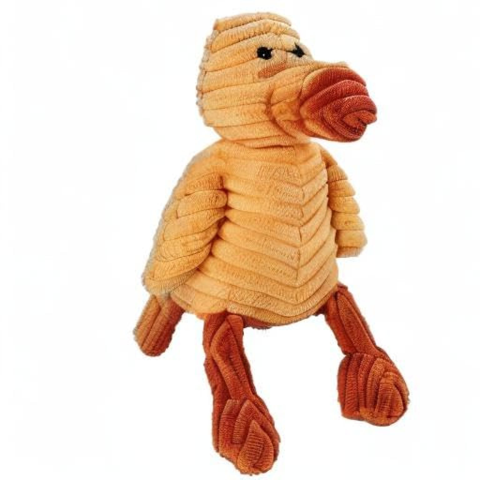 Ein Stofftier aus Kord in Hellbraun und Dunkelorange stellt ein Entenähnliches Tier mit grossem Schnabel dar.
