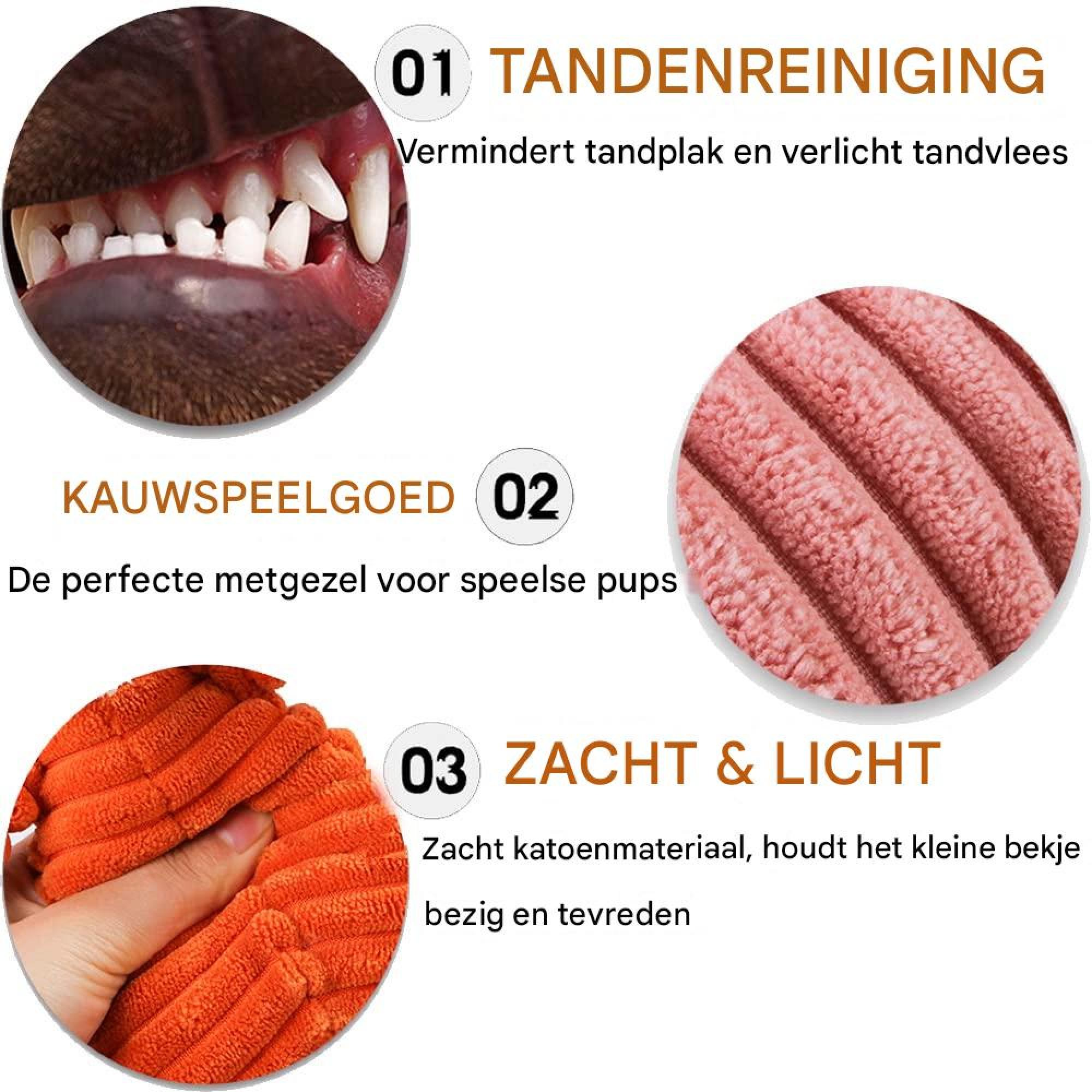 Produktvorteile von Hundespielzeug: Zahnreinigung, Kauspielzeug, weiches und leichtes Material mit Textbeschreibungen.