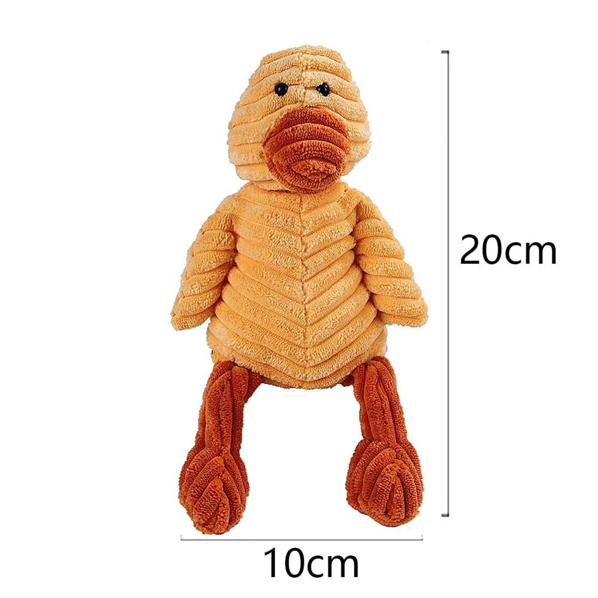 Ein gelbes Stofftier in Entenform, 20 cm hoch und 10 cm breit, mit braunem Schnabel und Füßen.