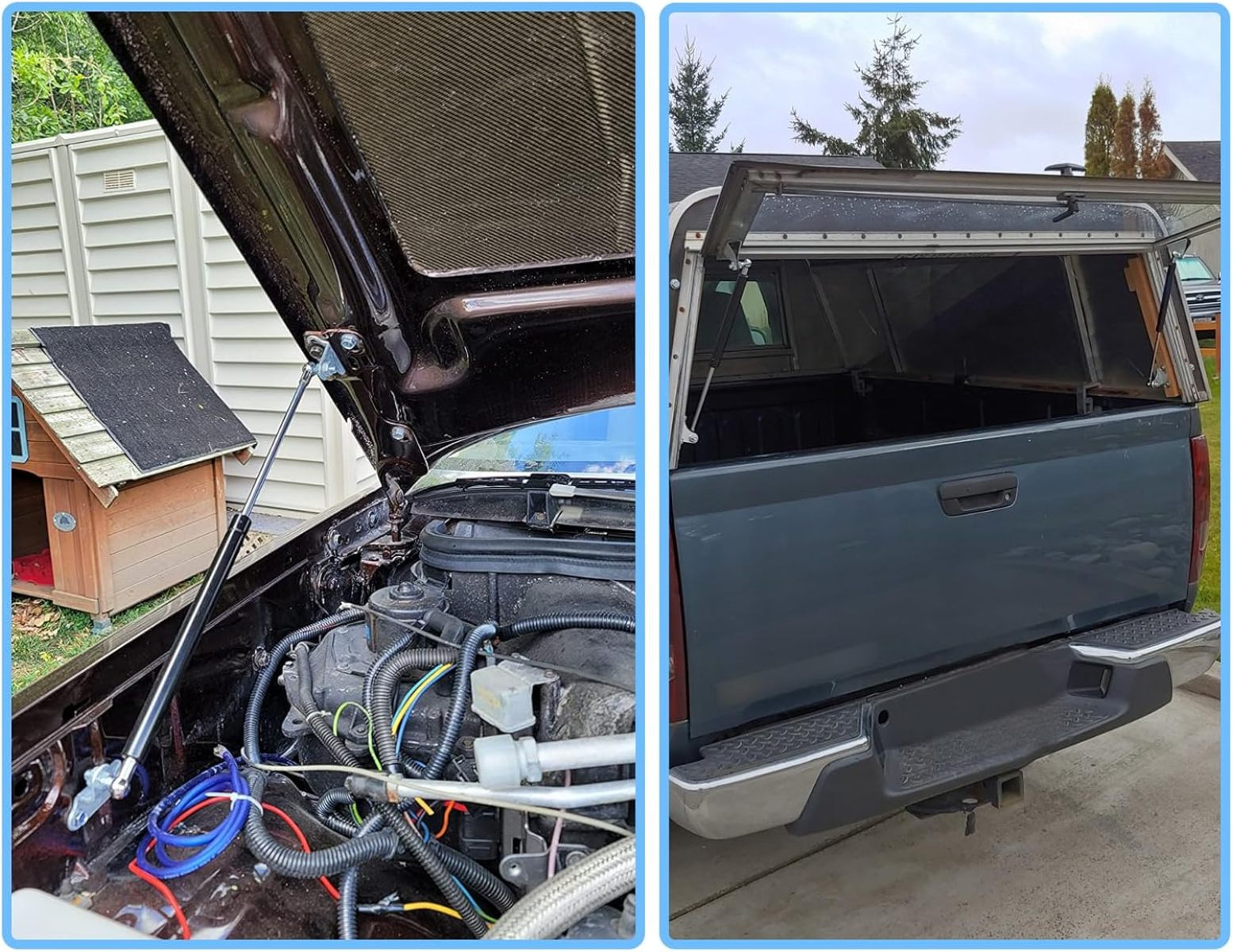 Geteilter Blick auf ein braunes Auto mit offener Motorhaube und einen blauen Pickup mit geöffnetem Hardtop.