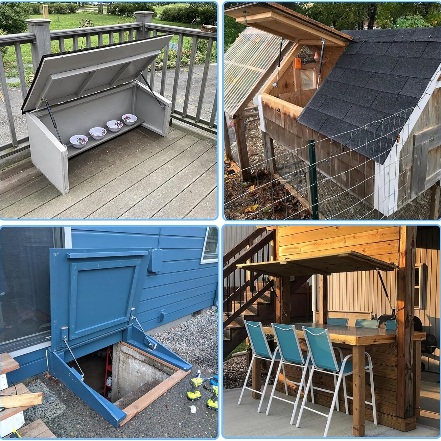 Vier DIY-Projekte mit Gasfedern an Deckeln: Haustierfutterstation, Hühnerstall, Kellerschacht und Bar.