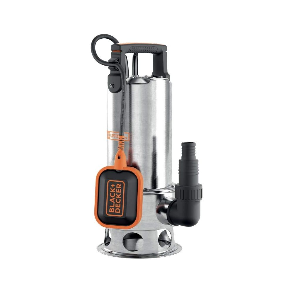 Una pompa sommersa Black+Decker in acciaio inossidabile con interruttore a galleggiante arancione e nero.