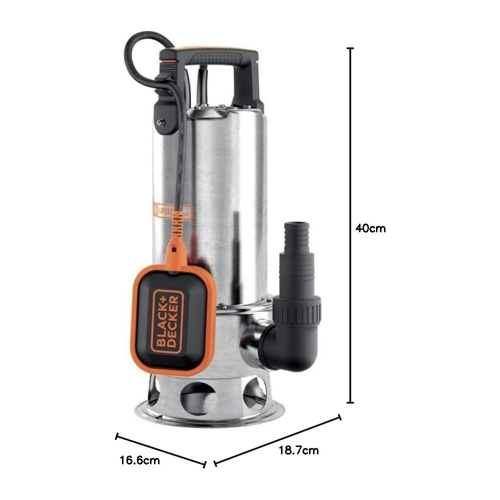 Silberne Black+Decker Tauchpumpe mit orangefarbenem Schwimmerschalter und Abmessungen von 40x18,7x16,6 cm.