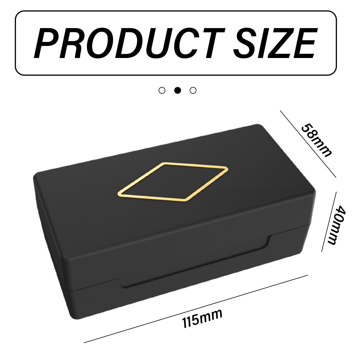 Produktgröße: Schwarze rechteckige Box mit goldenem Rautenlogo und Maßangaben von 115x58x40mm.