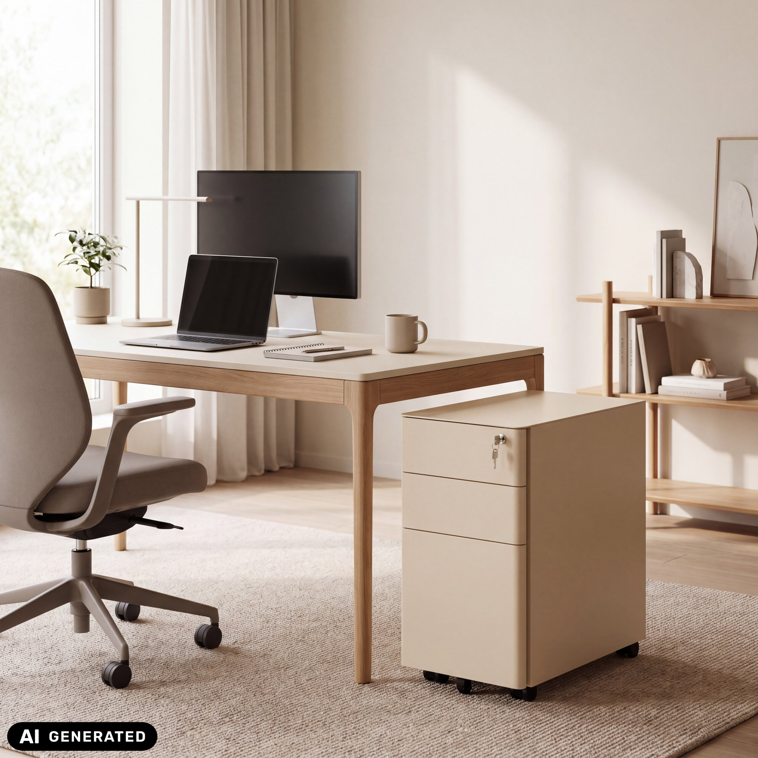 Ein modernes Homeoffice mit Schreibtisch, Laptop, Monitor, Stuhl, Rollcontainer und Holzbücherregal.