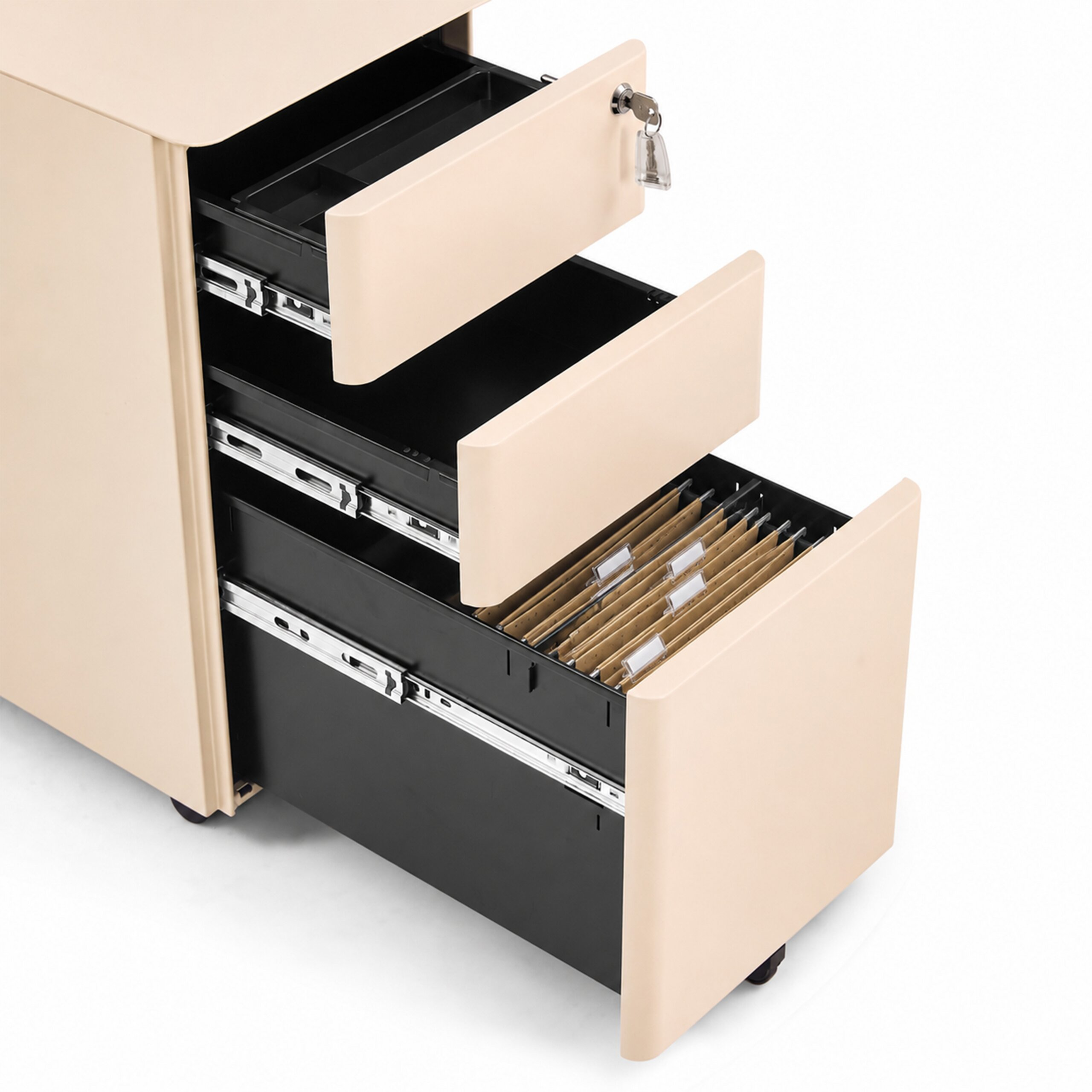 Beigefarbener mobiler Rollcontainer mit drei offenen Schubladen, einem Schlüssel im oberen Schloss und Hängemappen.