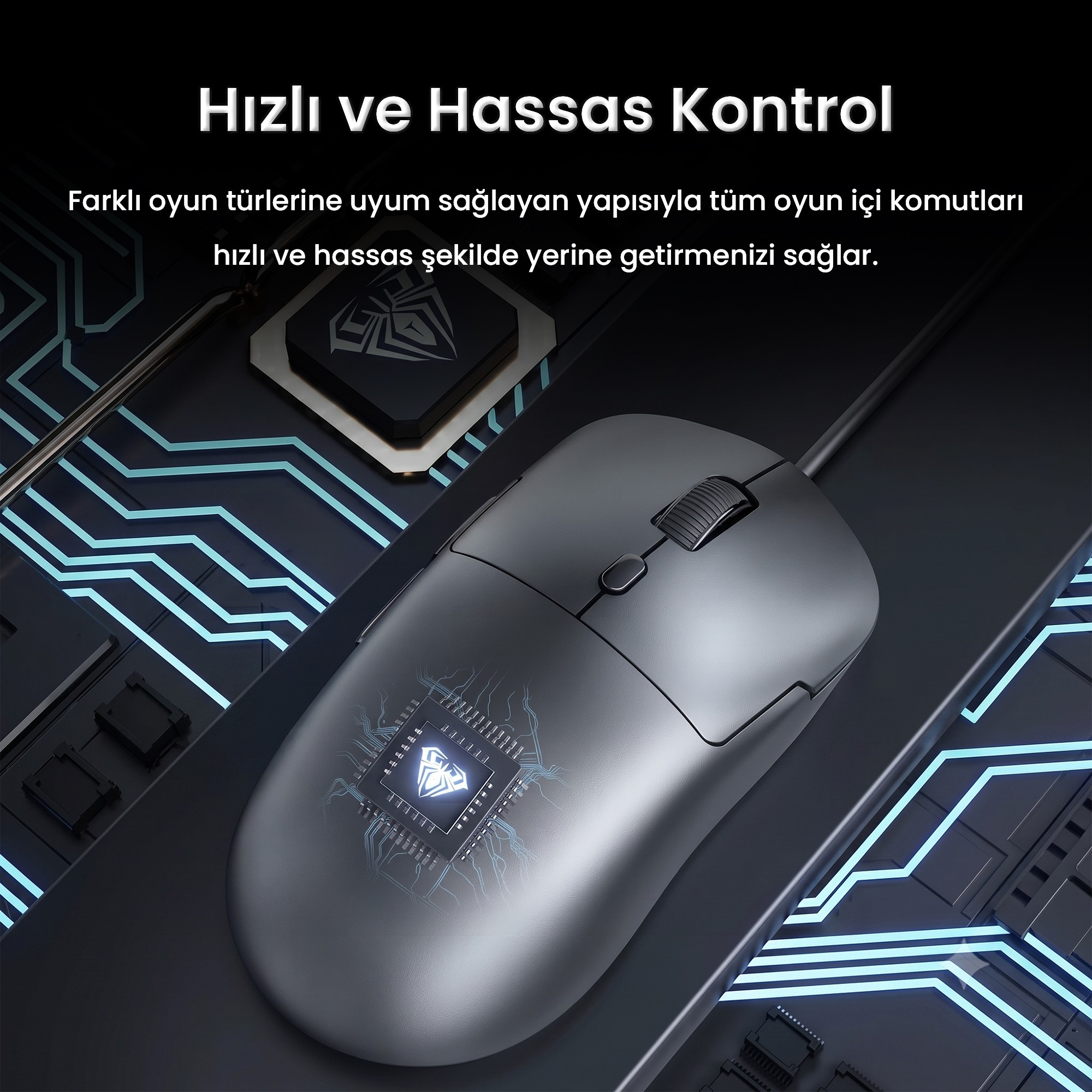 Mavi parlayan devre izleri ve metin içeren karanlık bir kart üstünde gri oyuncu faresi.