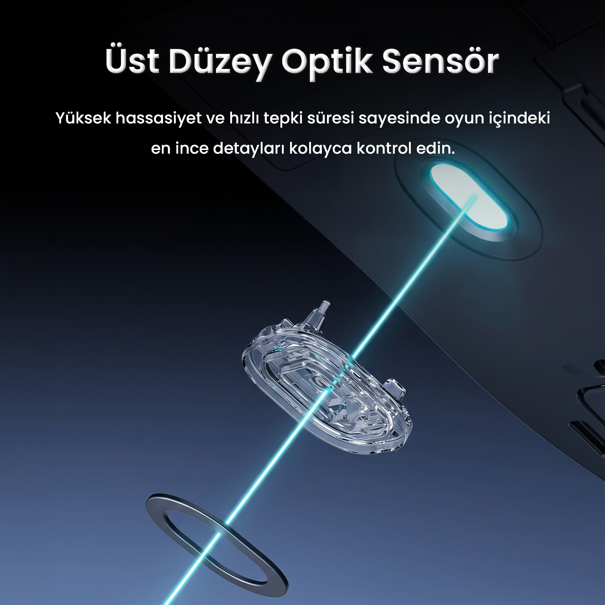 Bir optik sensör, mavi bir ışık huzmesini bir mercekten geçirerek halkaya yansıtıyor.