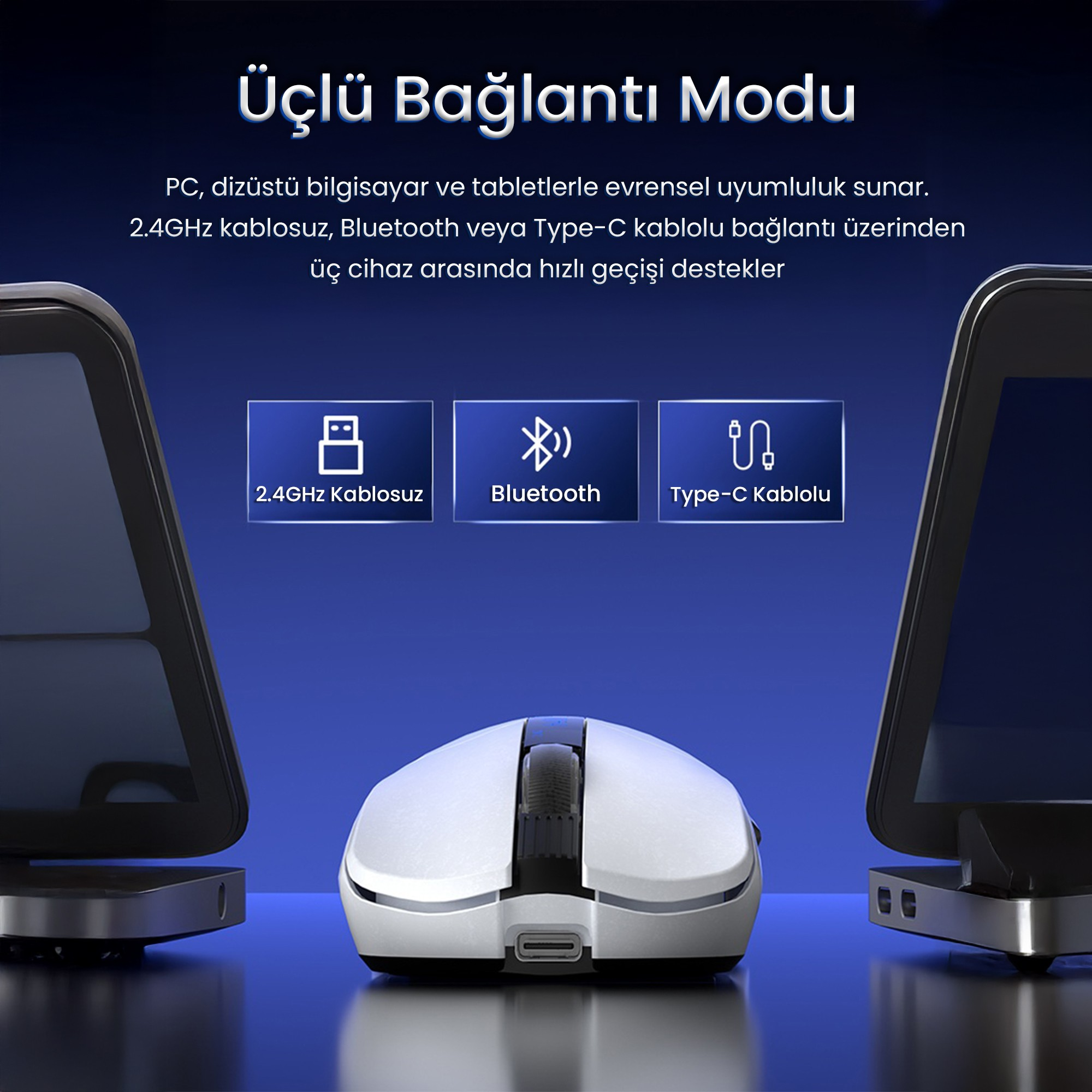 Mavi arka planda USB, Bluetooth ve Type-C simgeleri olan beyaz oyuncu faresi.