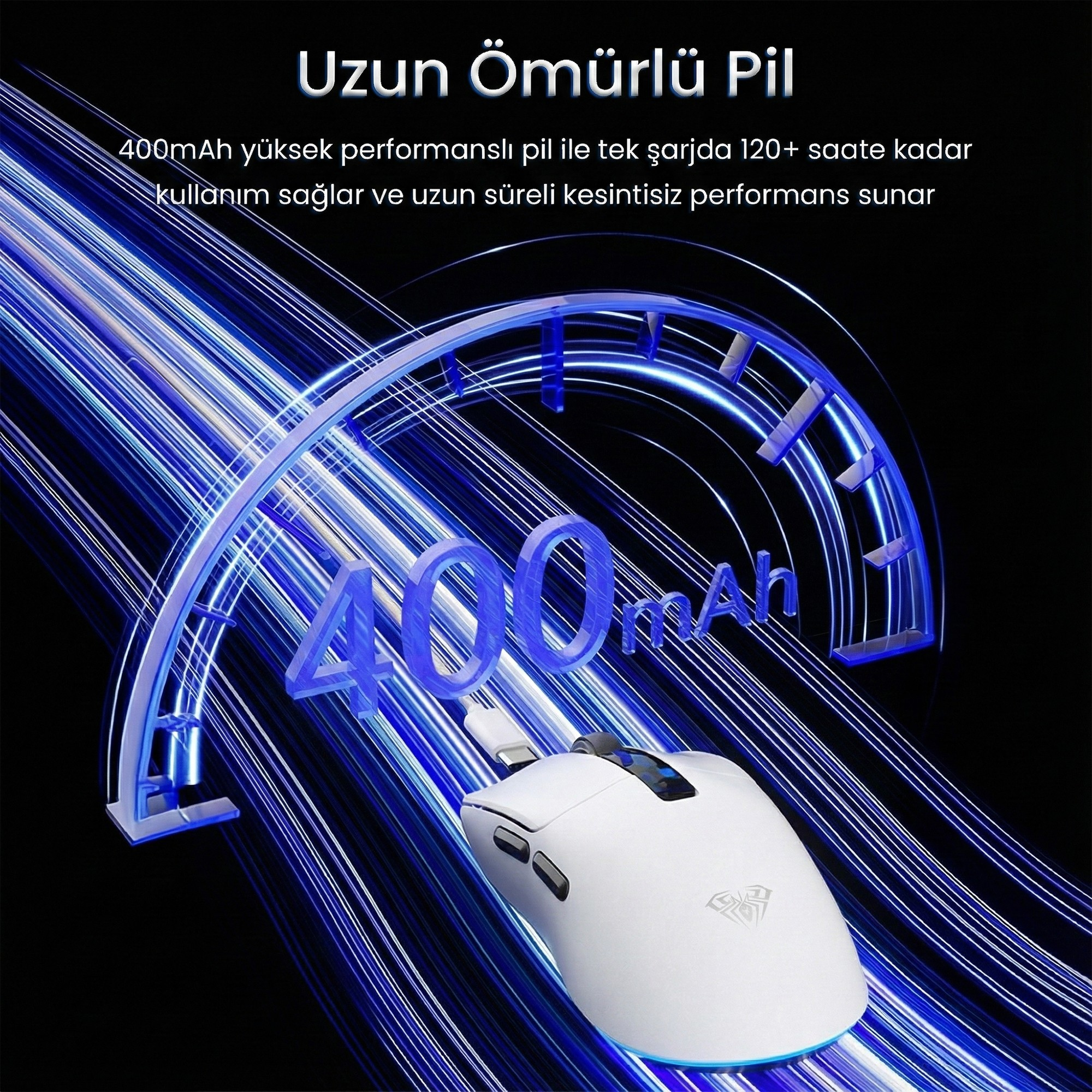 Uzun pil ömrü için 400mAh yazılı mavi arkaplan üzerinde beyaz kablosuz oyuncu mouse.