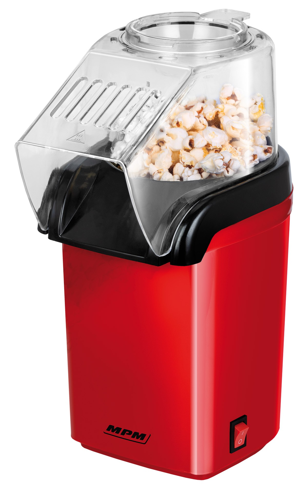 Czerwona maszynka do popcornu z przezroczystą górą i świeżym popcornem na białym tle.