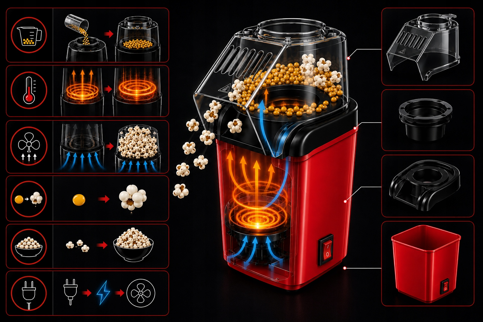 Diagram czerwonej maszyny do popcornu przedstawiający ogrzewanie i części.