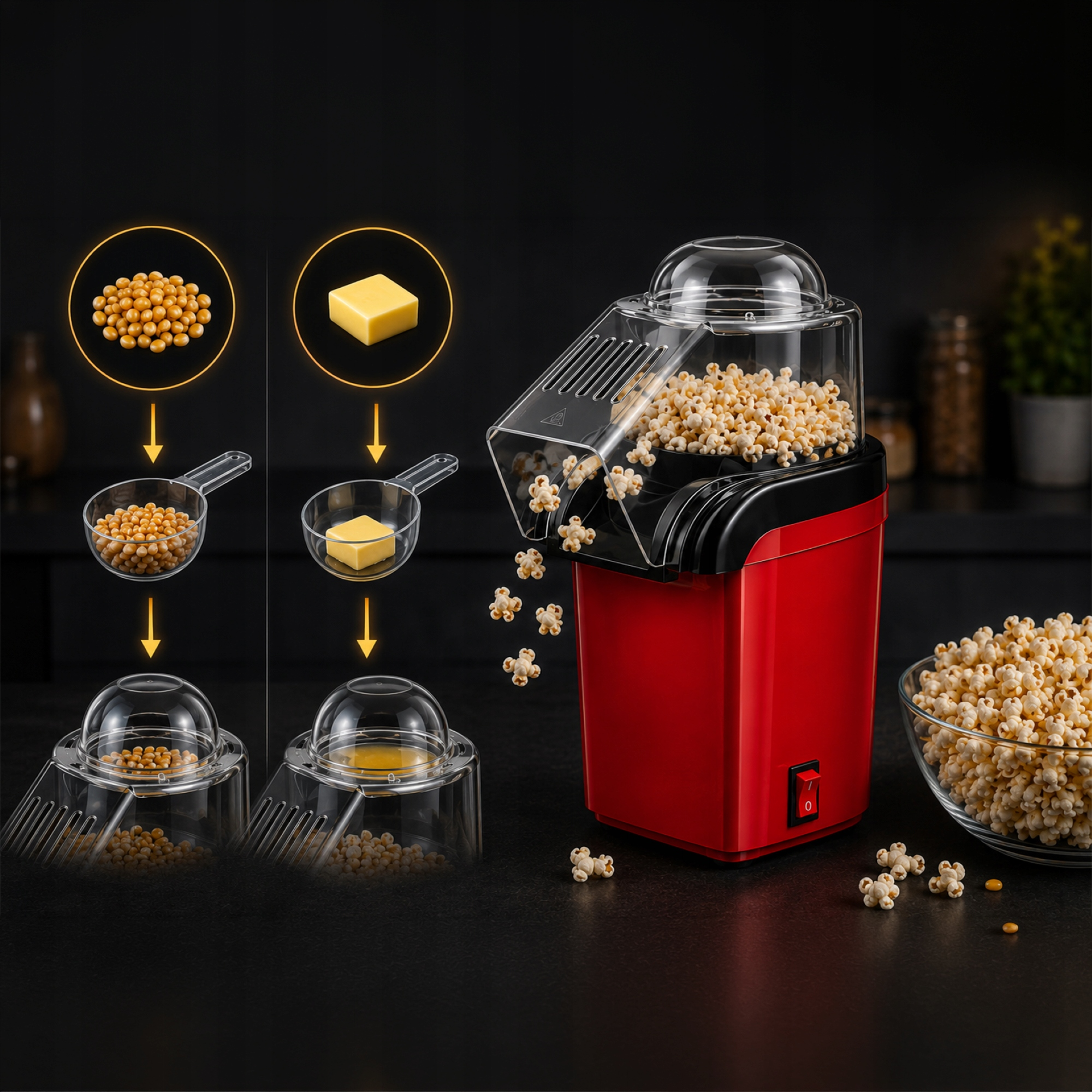 Czerwona maszynka do popcornu robi popcorn, z krokami dla ziaren i masła po lewej.