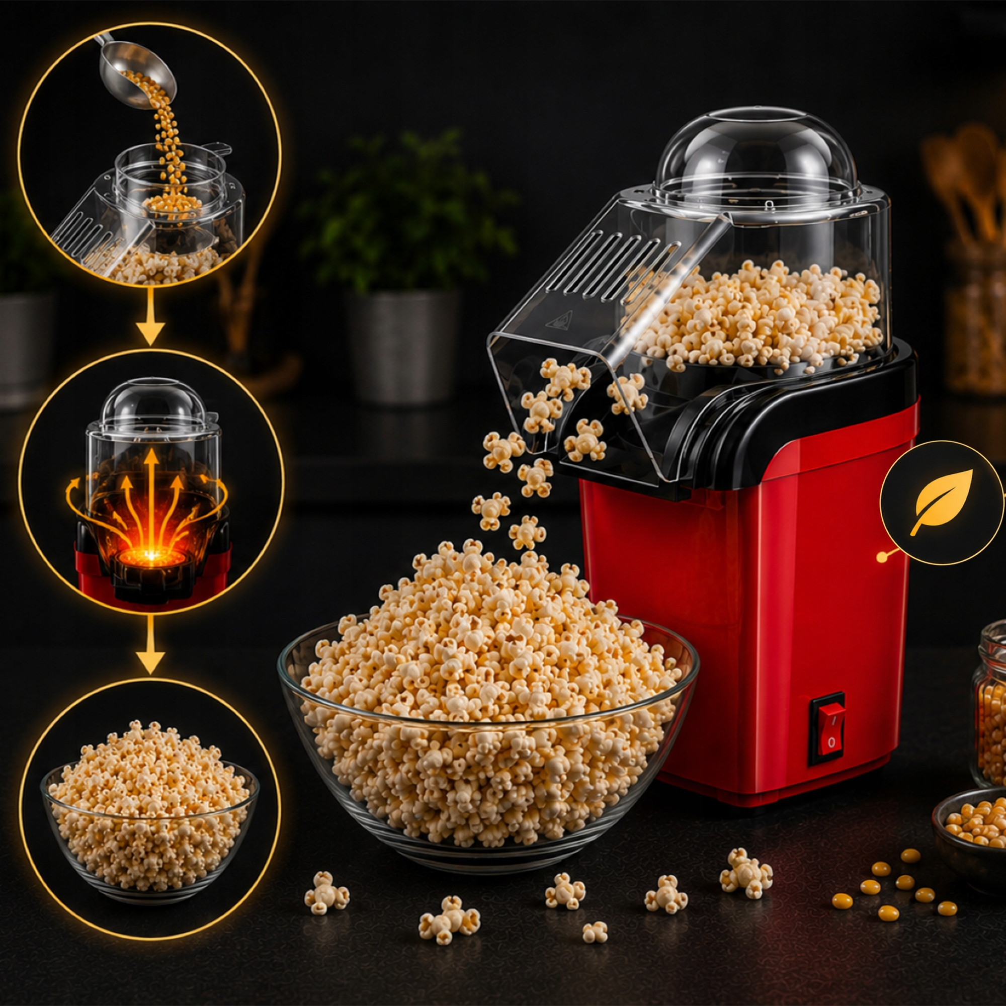 Czerwona maszynka do popcornu wsypuje świeży popcorn do szklanej miski, z krokami procesu.
