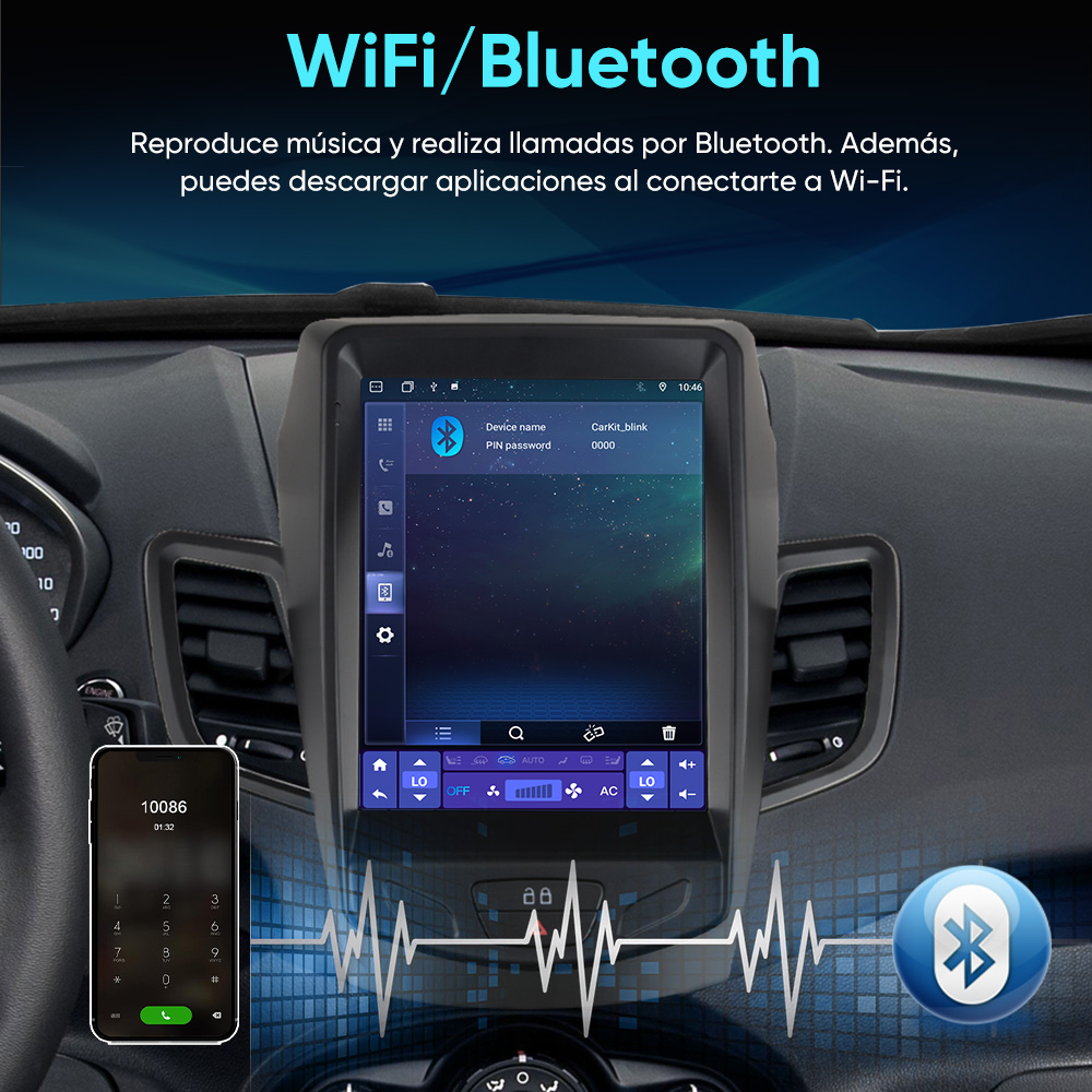 Un salpicadero de coche con una gran pantalla táctil vertical que muestra ajustes de Bluetooth y climatización.