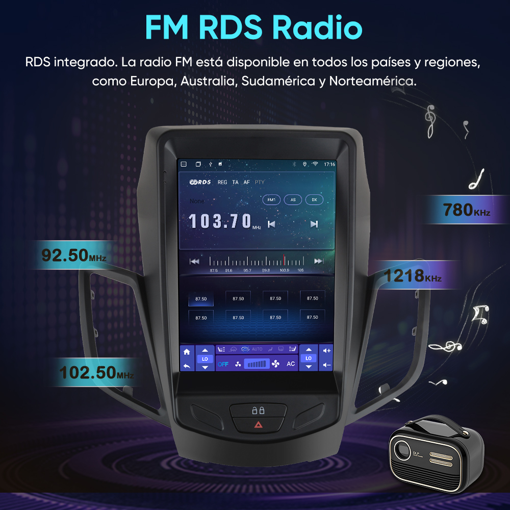 Autorradio con gran pantalla táctil, función FM RDS y notas musicales en el fondo.