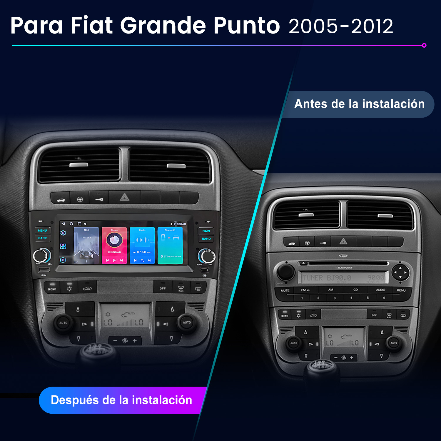 Comparación de la consola del Fiat Grande Punto antes y después de instalar una nueva radio táctil.
