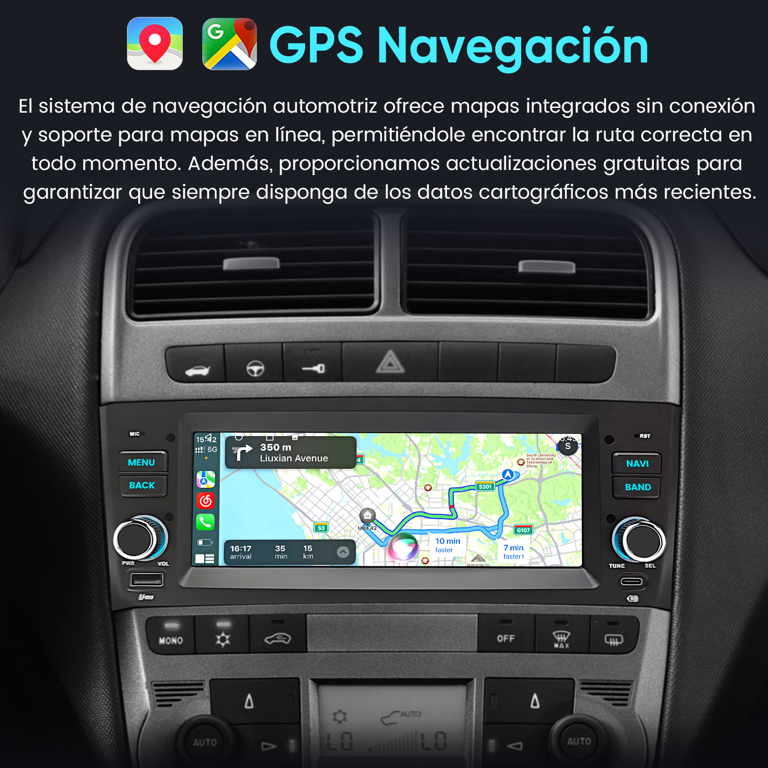 Tablero de auto con pantalla de navegación GPS digital que muestra un mapa con ruta y botones de control.