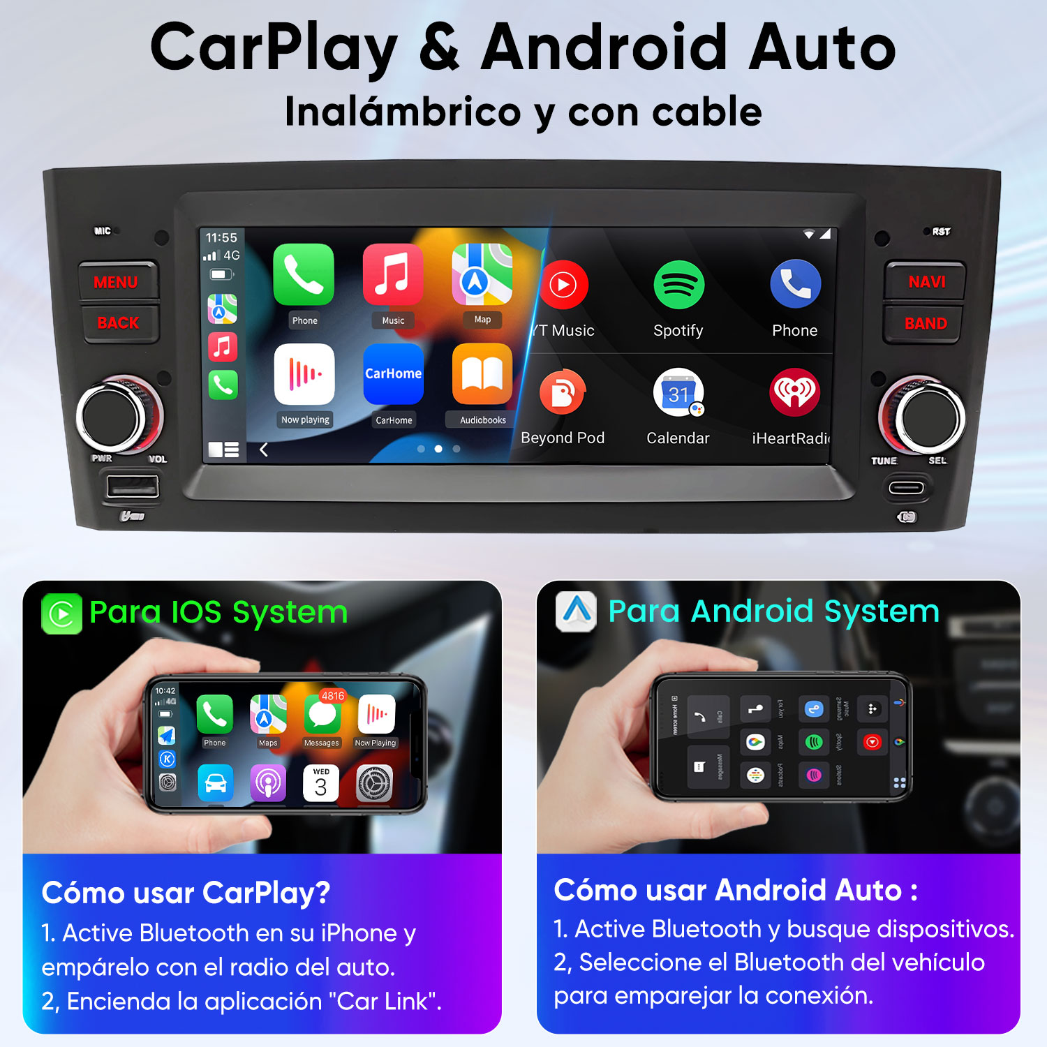 Sistema de audio para auto con pantalla táctil, botones y guías para CarPlay y Android Auto.