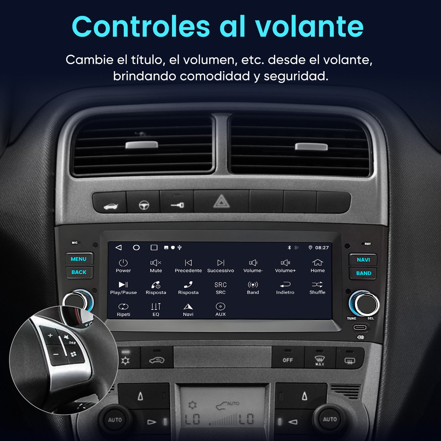 Salpicadero de autorradio con pantalla táctil y controles de clima abajo, con detalle de mandos en el volante insertado.