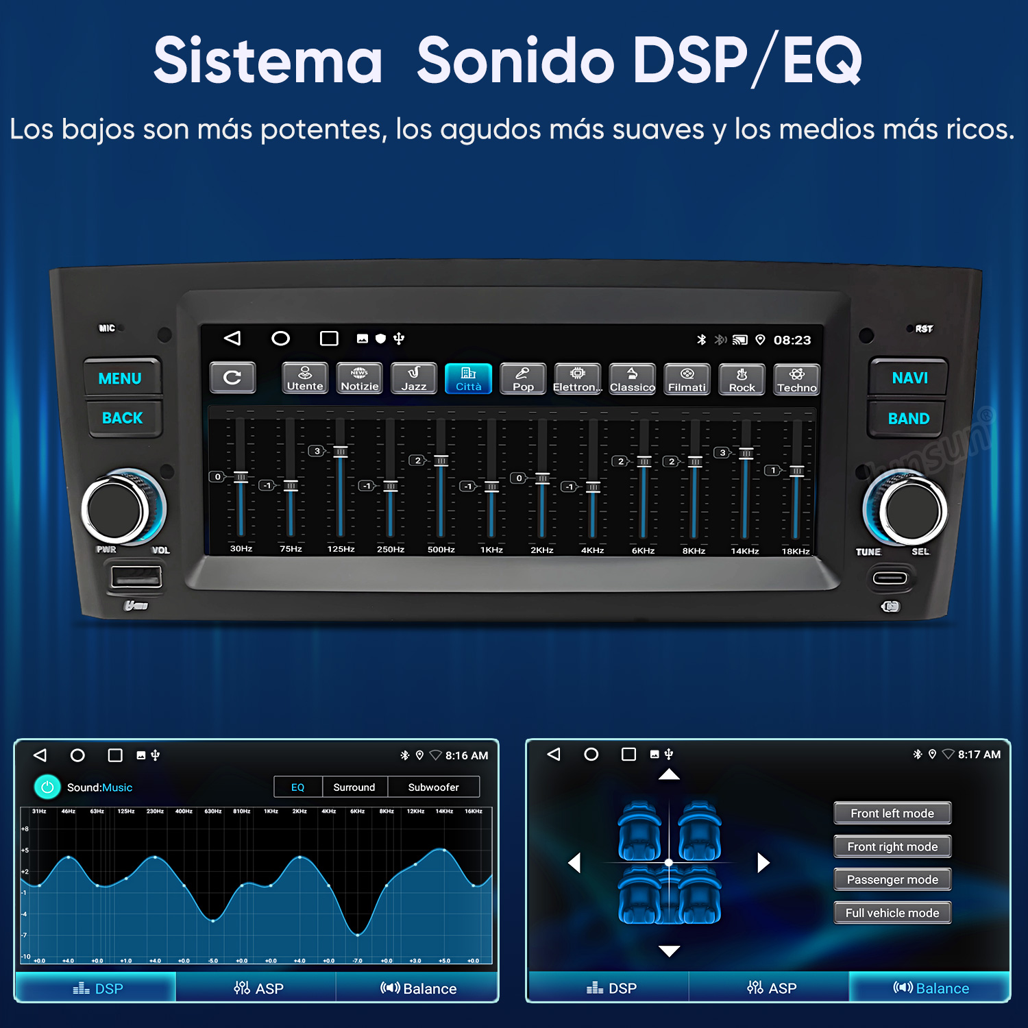 Un sistema de audio para coche muestra pantallas de ecualizador y sonido.