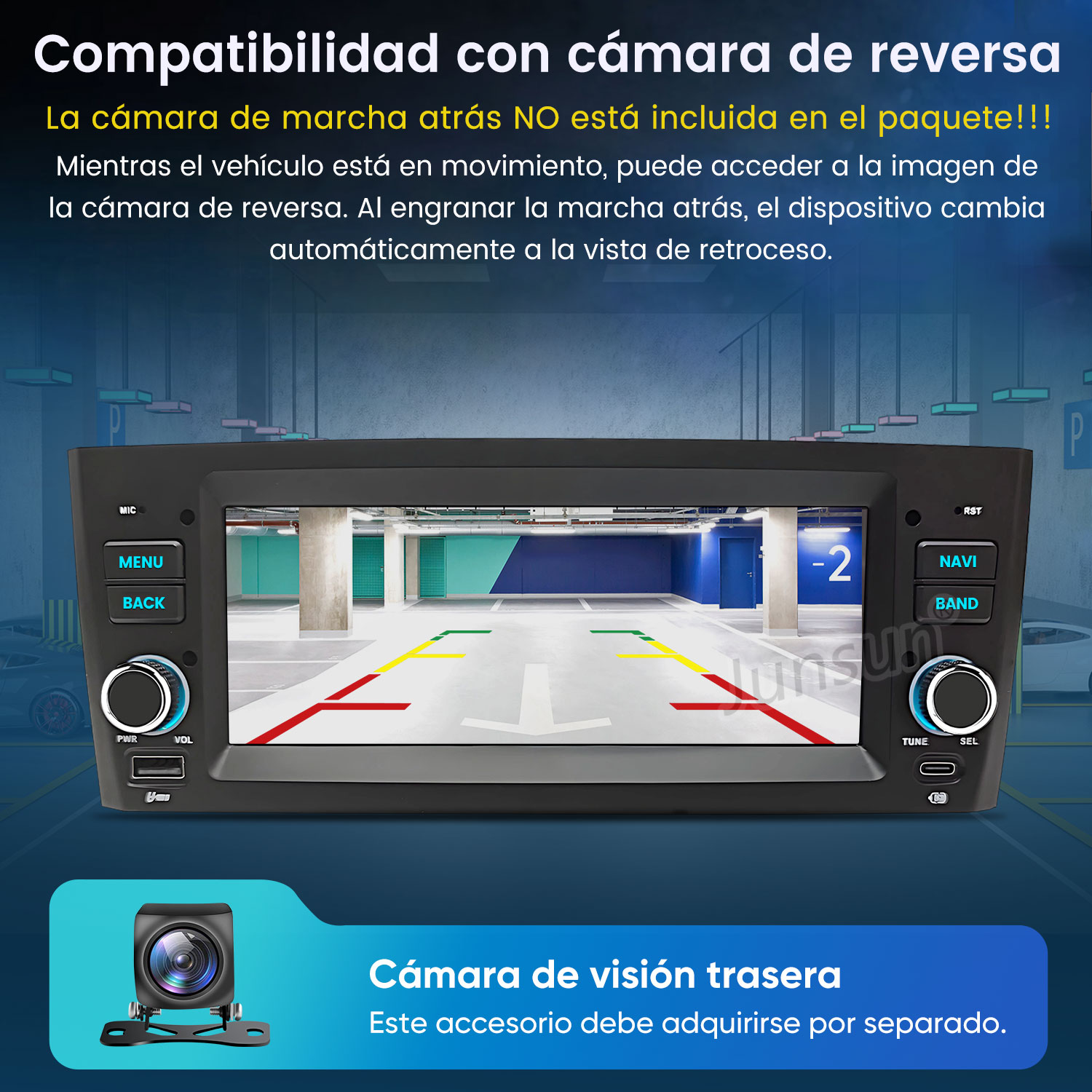 Autoradio con pantalla que muestra la vista de cámara trasera en un garaje.