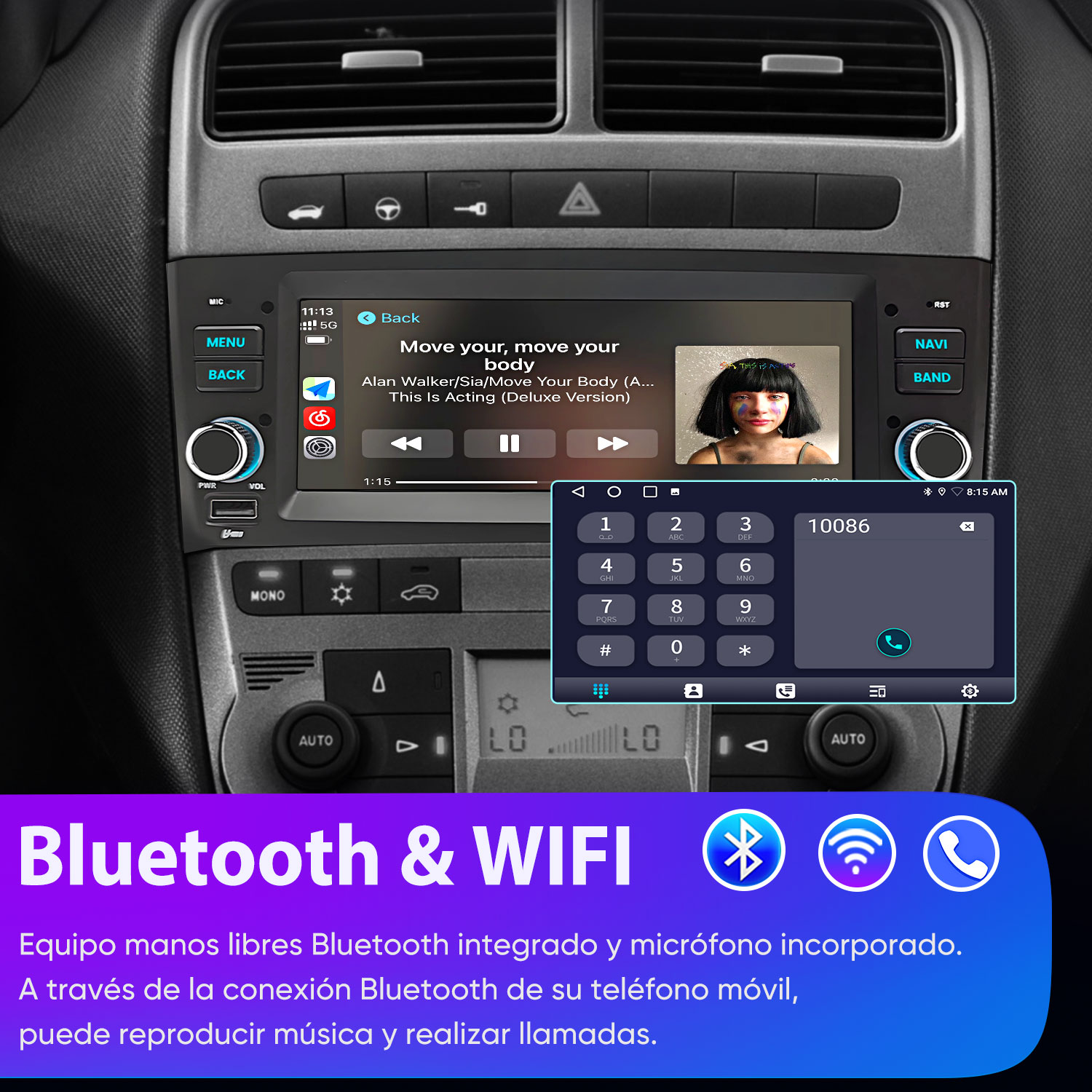 Radio de coche con pantalla táctil, iconos de Bluetooth y Wi-Fi, y texto azul abajo.