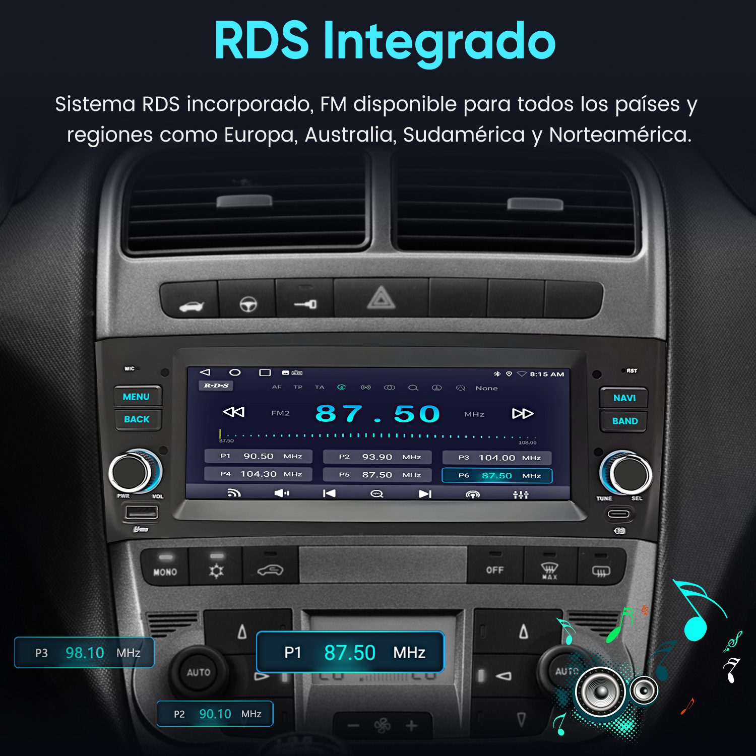 Un salpicadero de coche con una pantalla de radio RDS digital que muestra 87.50 MHz, flanqueada por botones y mandos.