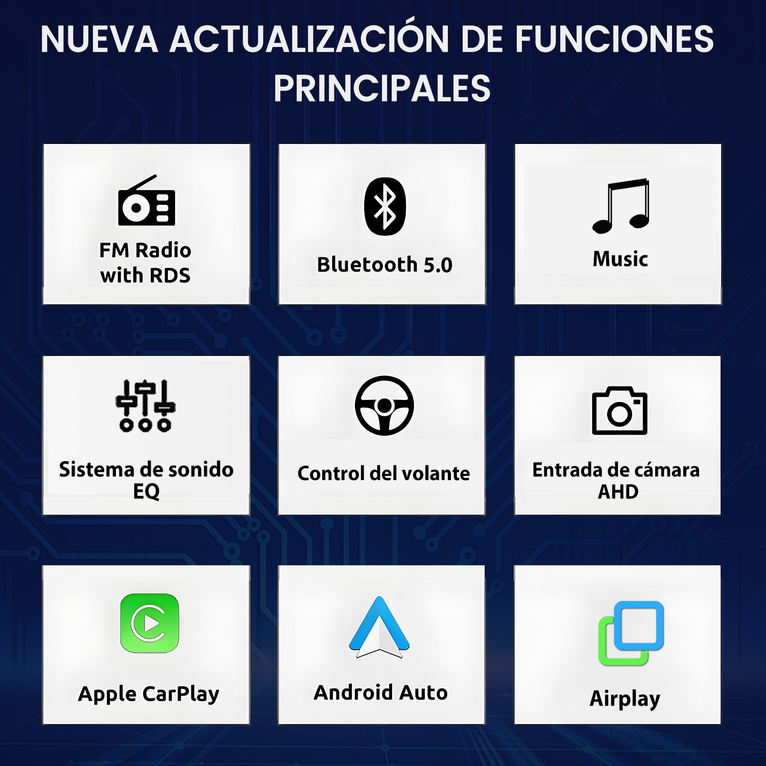 Una gráfica con nueve funciones como radio FM, Bluetooth, música, Apple CarPlay, Android Auto y Airplay.