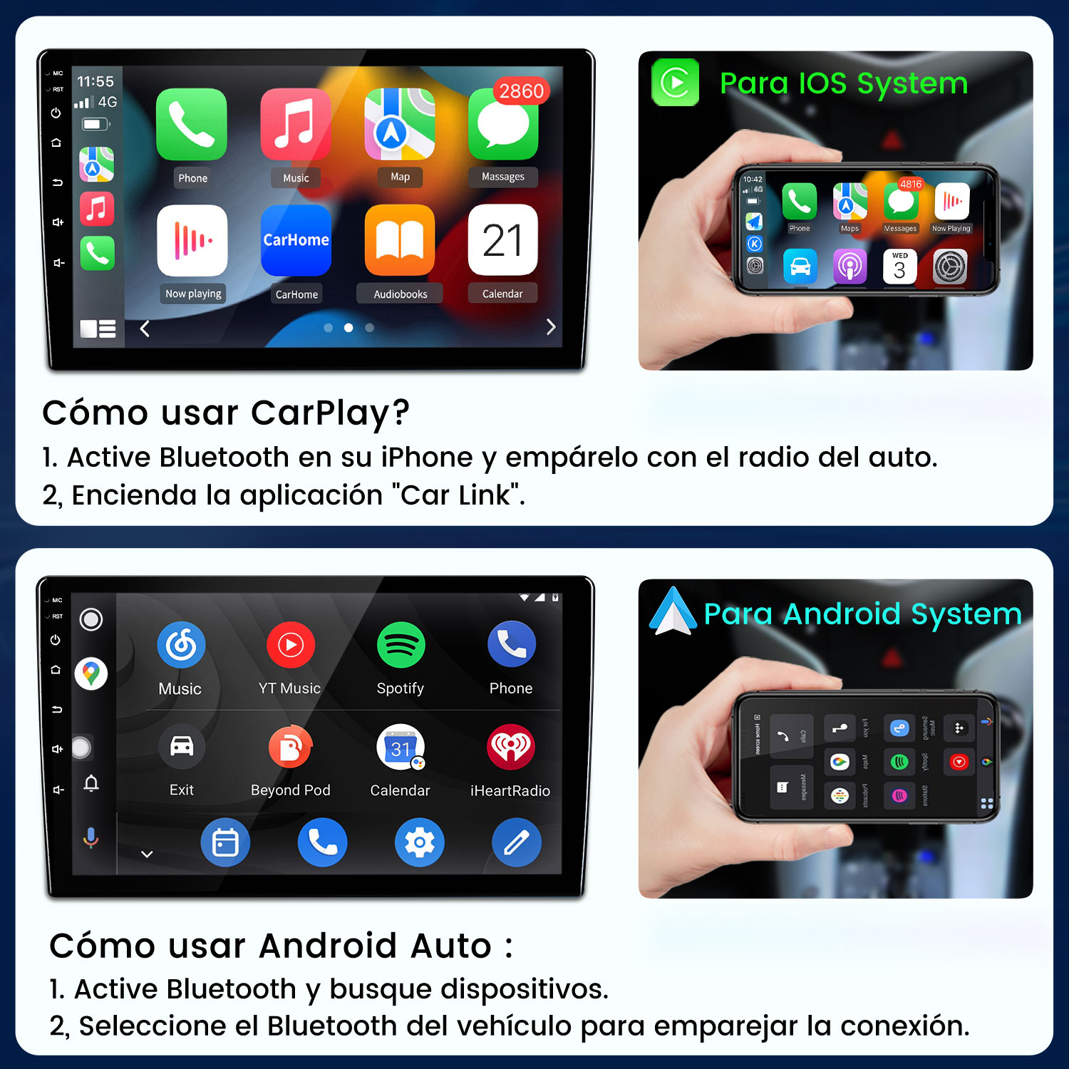 Instrucciones sobre cómo usar CarPlay y Android Auto con conexión de teléfono.