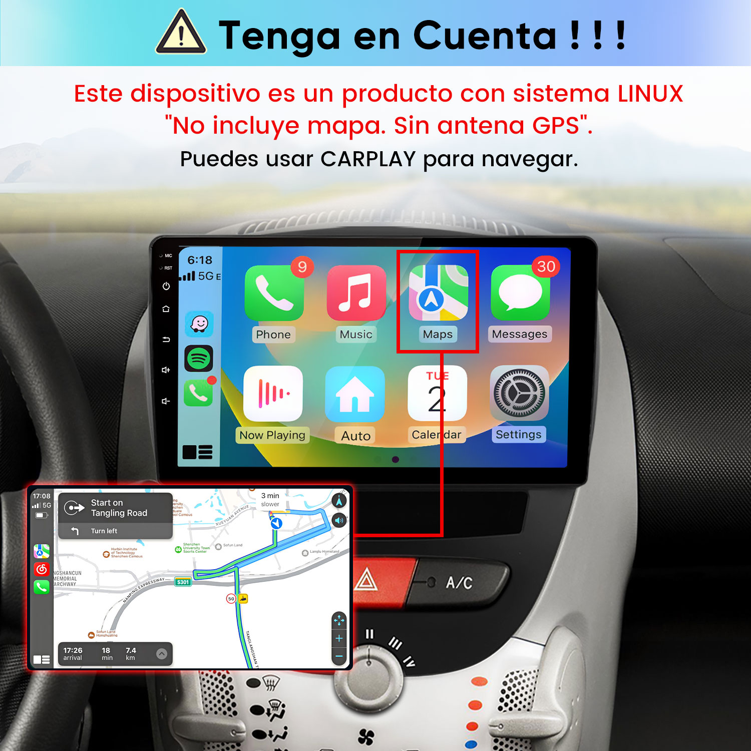 Pantalla de auto muestra interfaz CarPlay y mapa de navegación con texto de advertencia arriba.