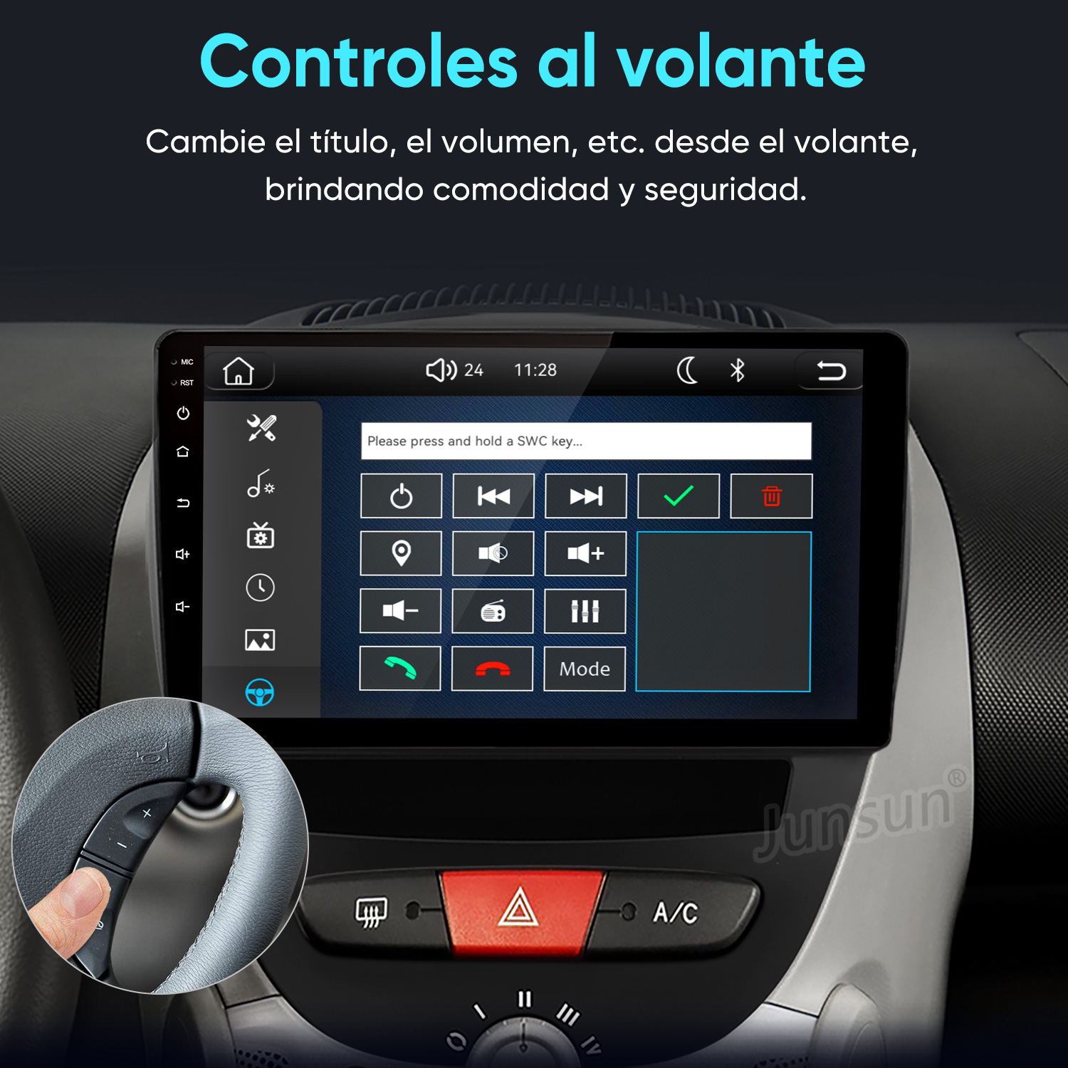 Sistema multimedia de coche con ajustes de control en el volante y un recuadro de botones.