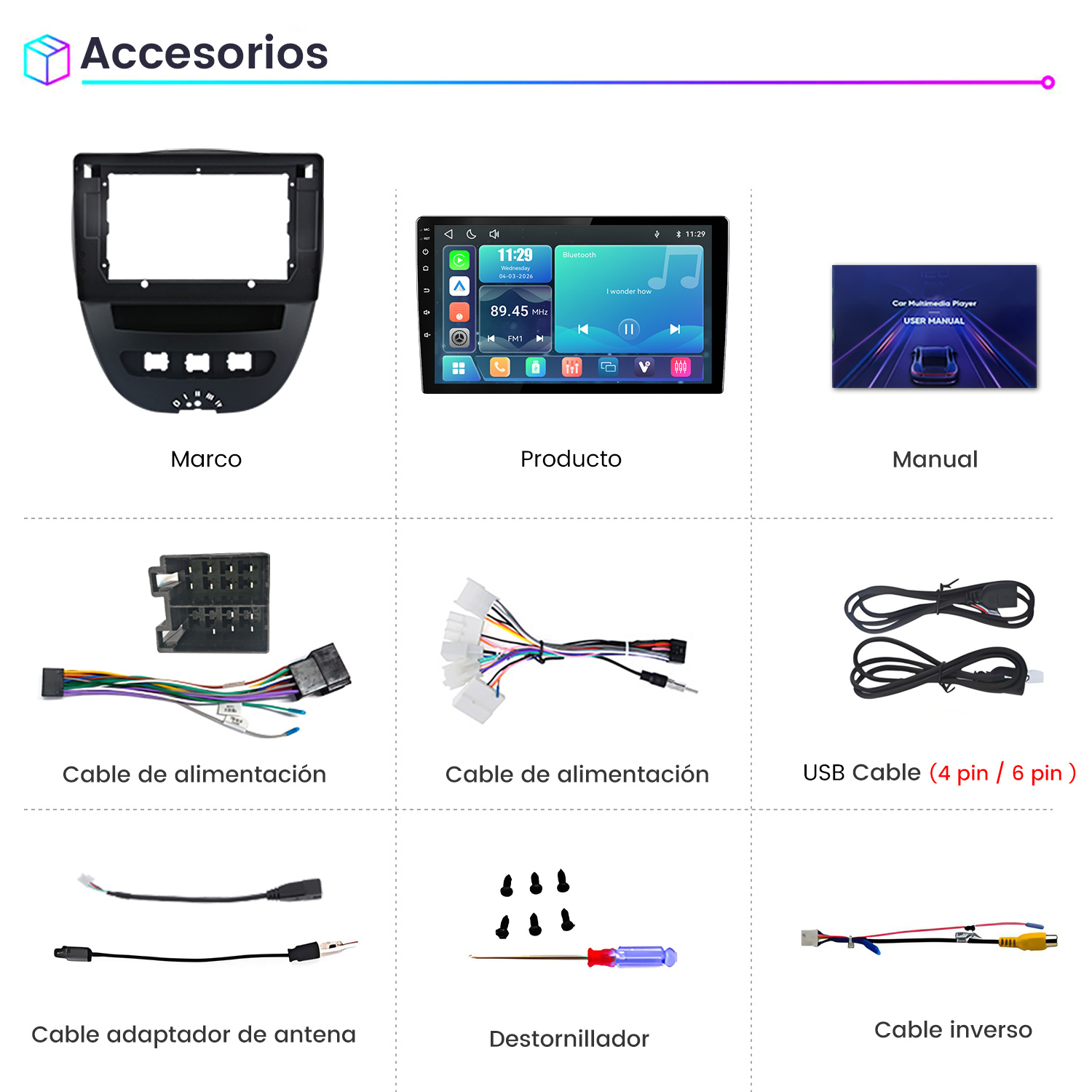 Accesorios para reproductor multimedia de auto, incluye marco negro, pantalla, manual, cables y herramientas.