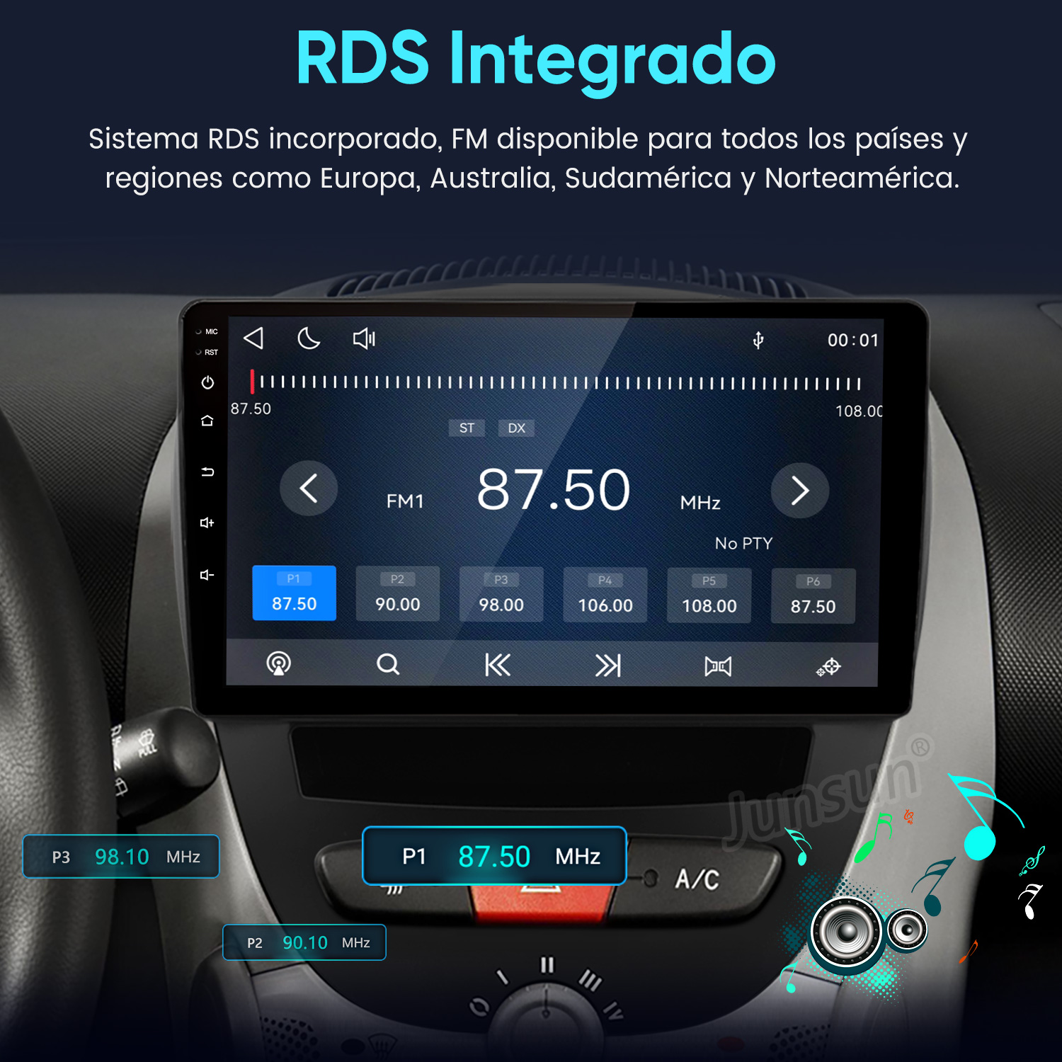 Salpicadero de auto con radio táctil reproduciendo FM 87.50 MHz con RDS.
