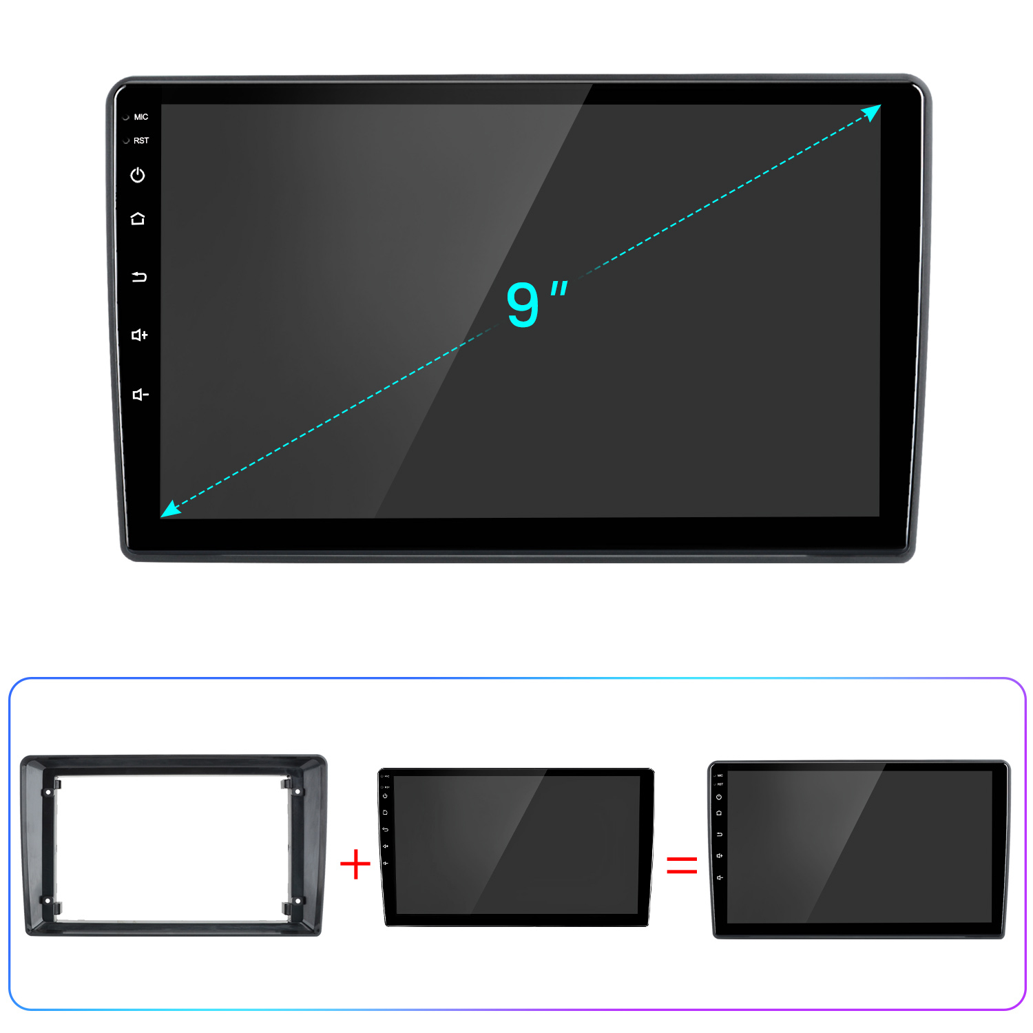 Una pantalla multimedia para coche de 9 pulgadas con botones de control y marco de montaje.