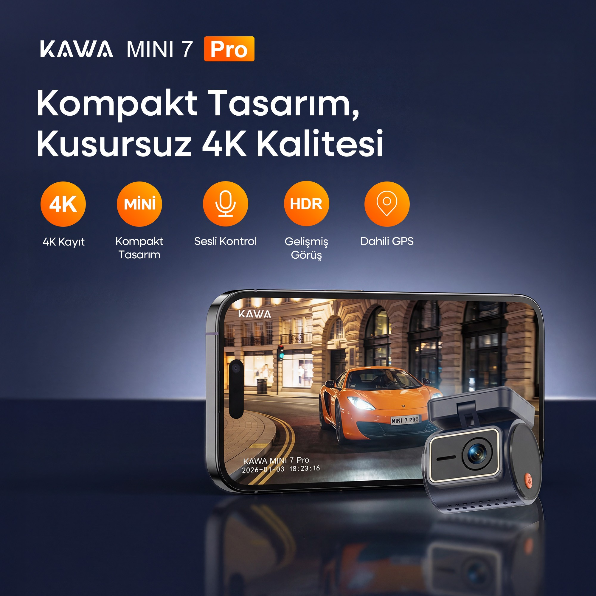 4K çözünürlüğe ve akıllı telefon uygulamasına sahip Kawa Mini 7 Pro araç kamerası.