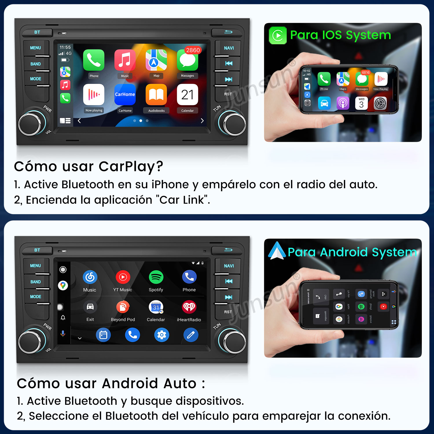 Instrucciones para usar CarPlay y Android Auto en una radio de coche conectada a un smartphone.