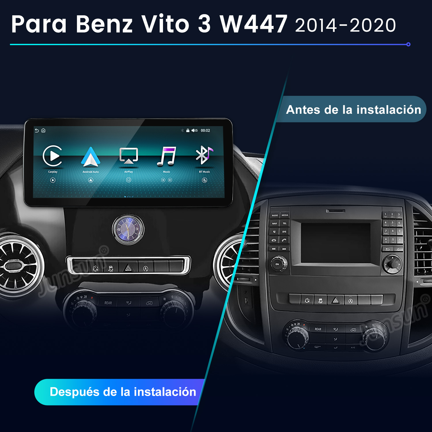 Comparación de un tablero antes y después de instalar un nuevo sistema de infoentretenimiento táctil.