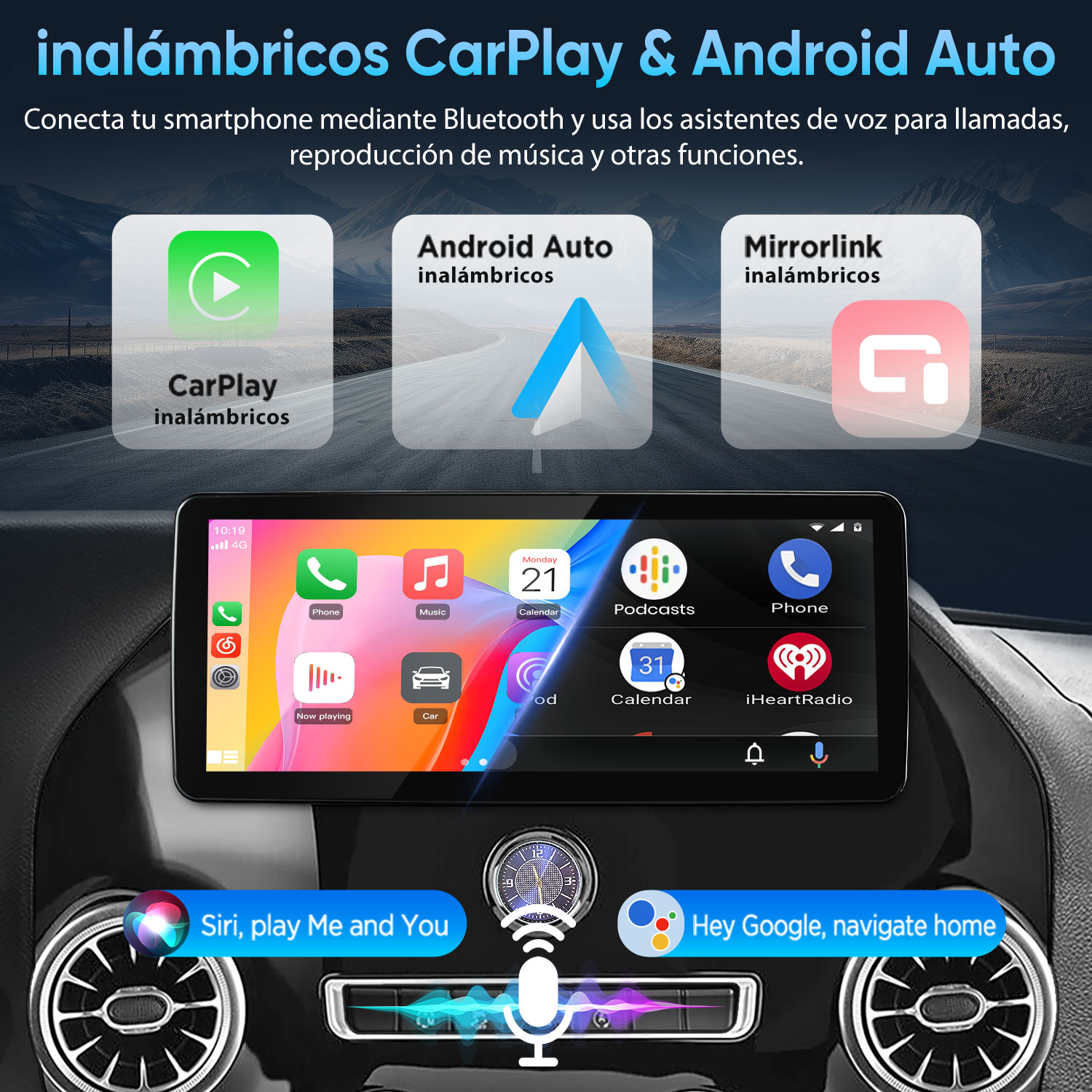 Una pantalla de infoentretenimiento de automóvil muestra CarPlay y Android Auto con control de voz.