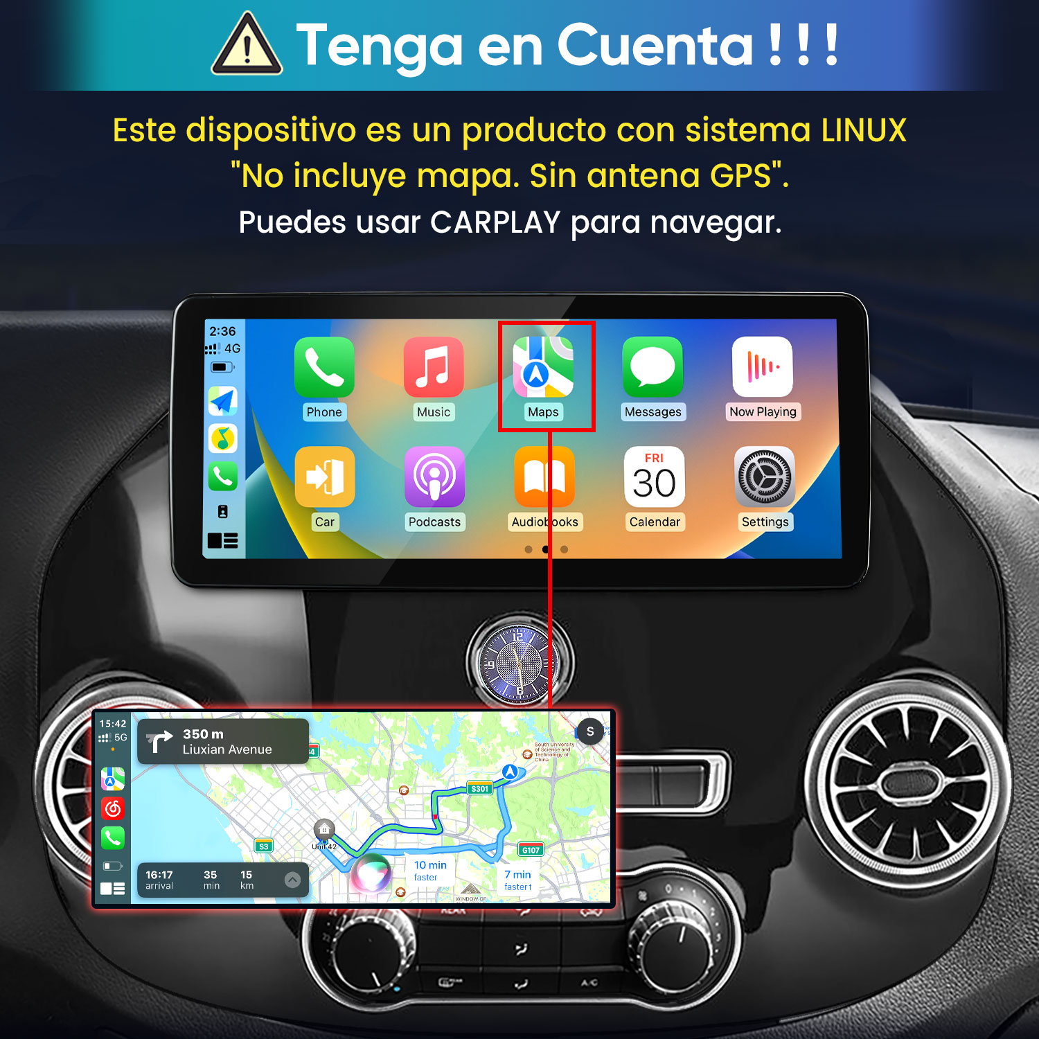 Pantalla de coche con iconos de aplicaciones y advertencia de antena GPS.